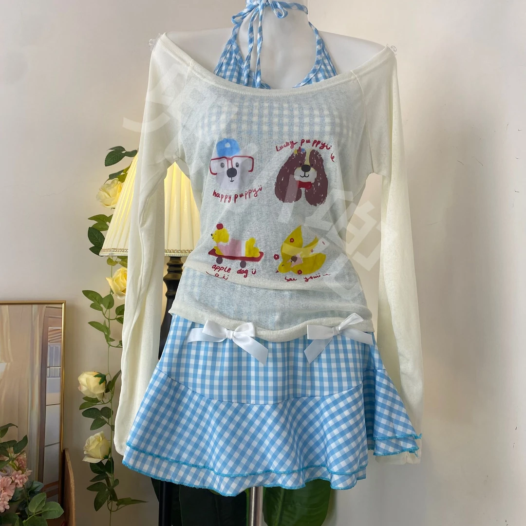 小狗蓝格印花露肩防晒短裙收腰设计三件套纯欲风辣妹风格学院气质