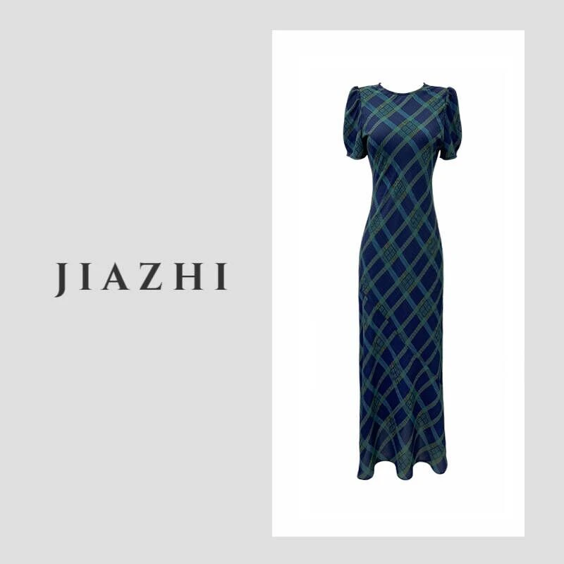 【森里画报】45°斜裁复古蓝色格纹短袖连衣裙女慵懒松弛感气质长裙