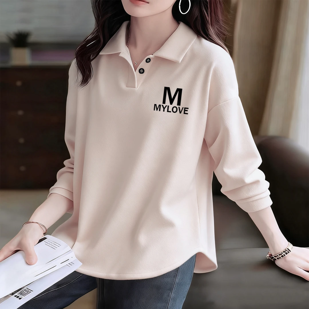 德绒POLO衫女2025秋冬加厚时尚大码弧形下摆宽松显瘦内搭翻领上衣