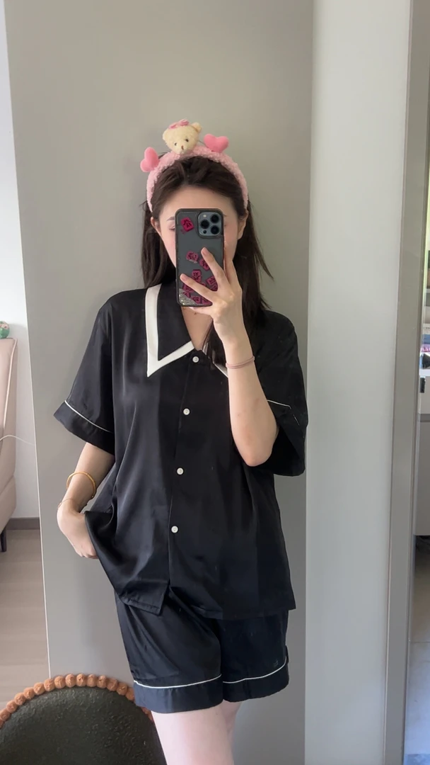 夏季翻领短裤短袖睡衣家居服套装黑色女装百搭家居服