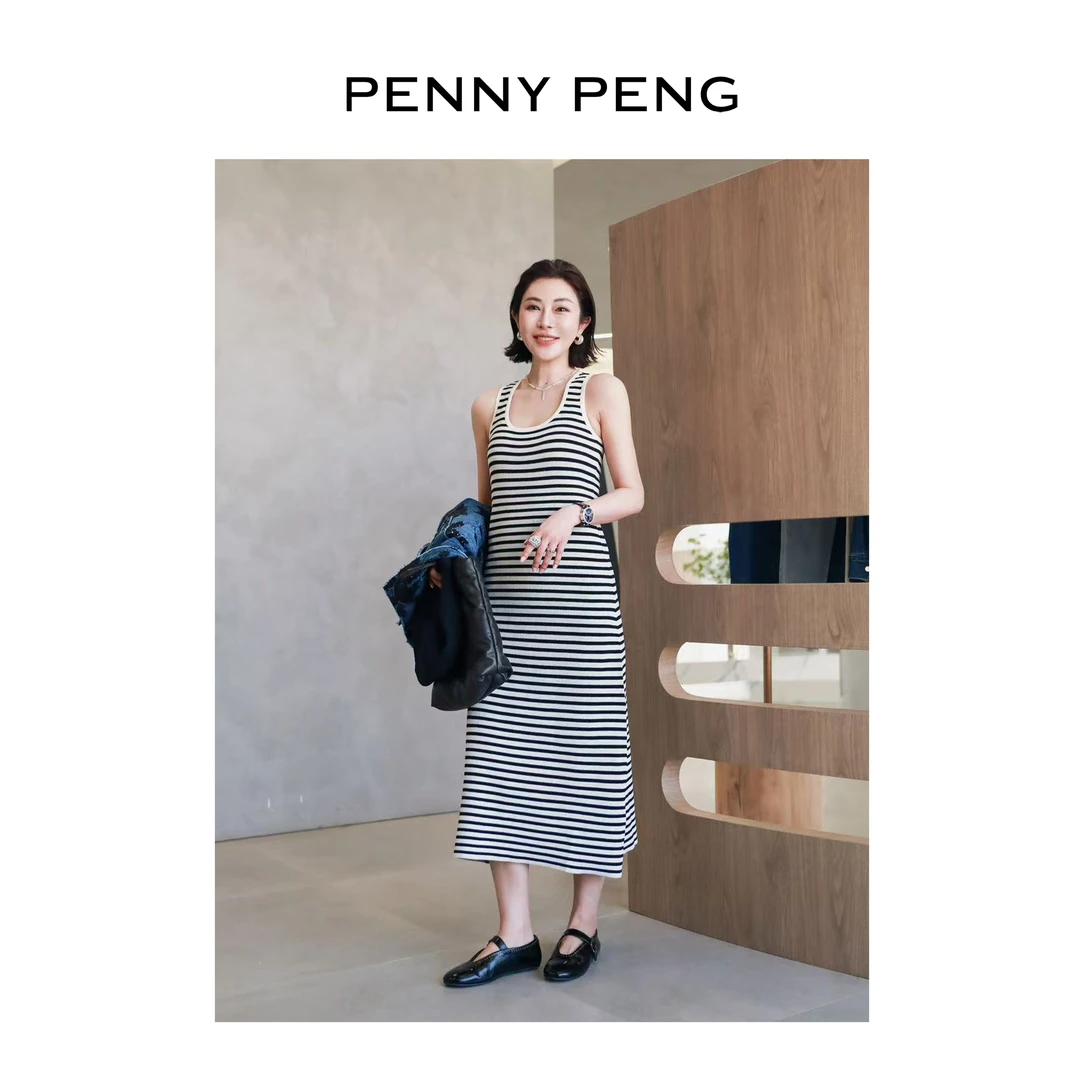 PENNYPENG悠悠日记【现货】春夏品质女装百搭黑白条纹U领无袖连衣裙