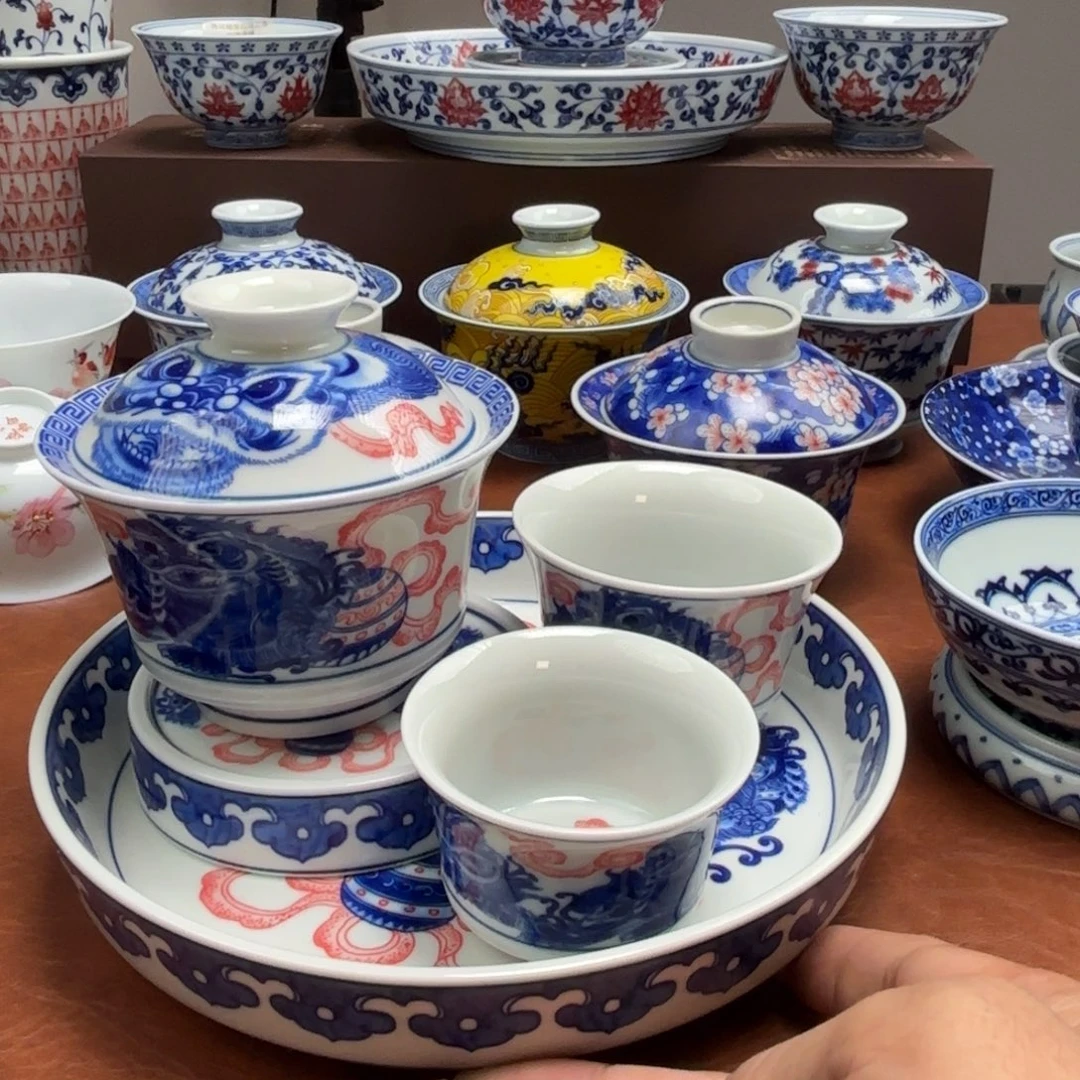 照***满摆件陶双狮戏球五件套景德镇发货
