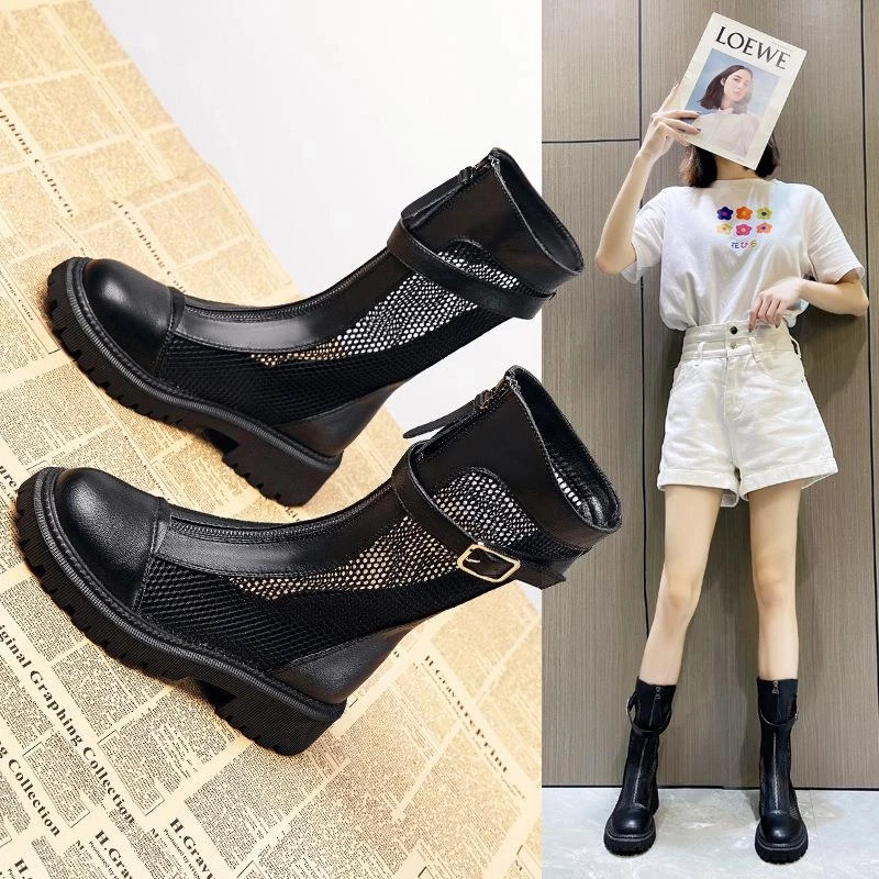 万达撤柜头层牛皮马丁靴2025秋新款凉靴薄款透气显瘦网靴中筒皮靴