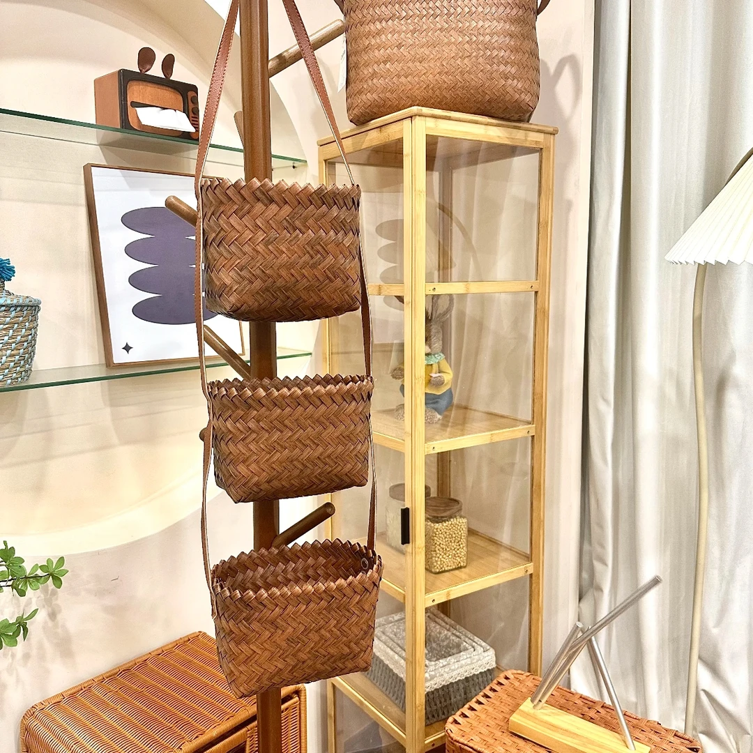 壁挂式三层置物篮门后挂饰杂物整理储物篮手工编织入户钥匙收纳筐