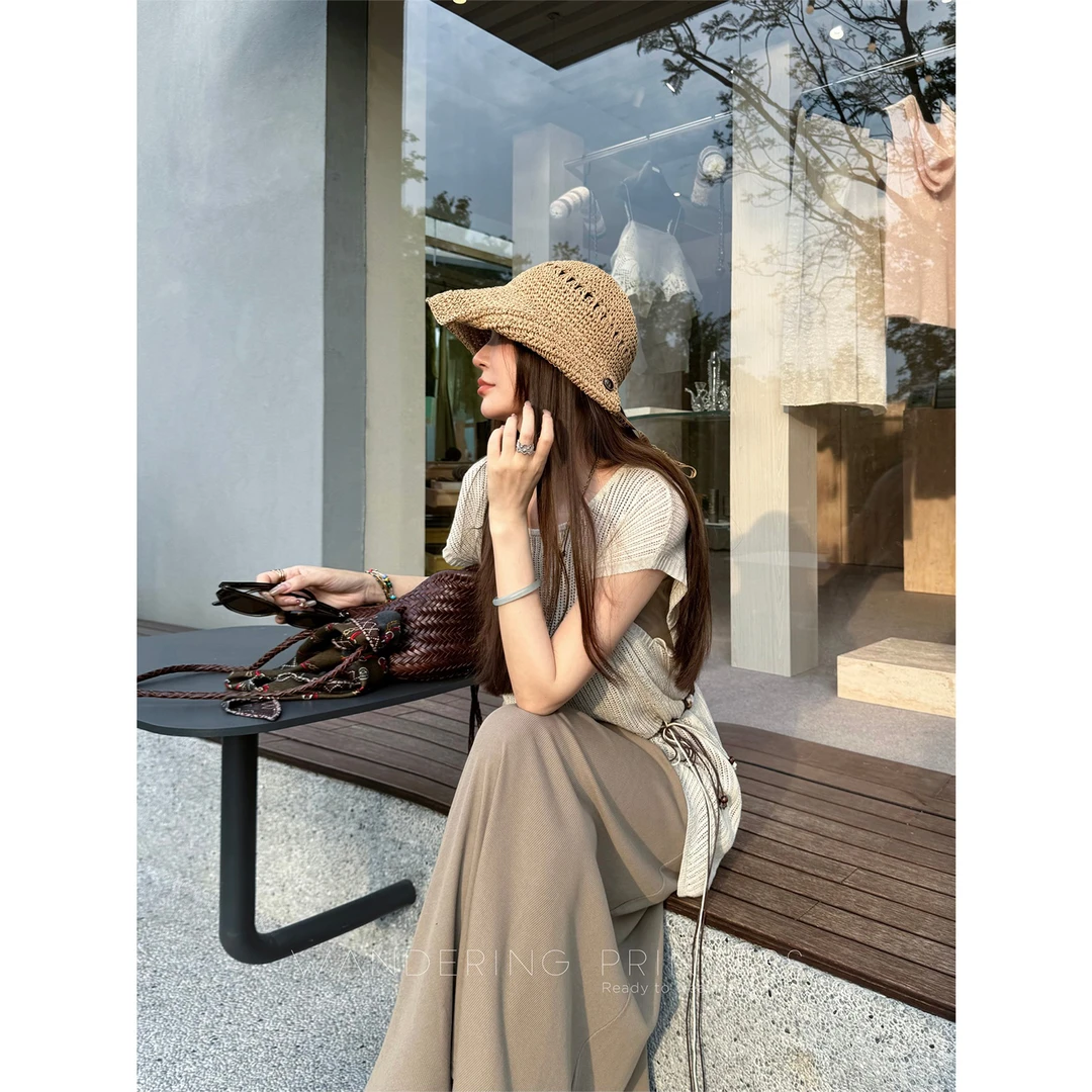 钱美西 干爽凉感老钱风镂空罩衫/吊带背心裙针织套装M02589T