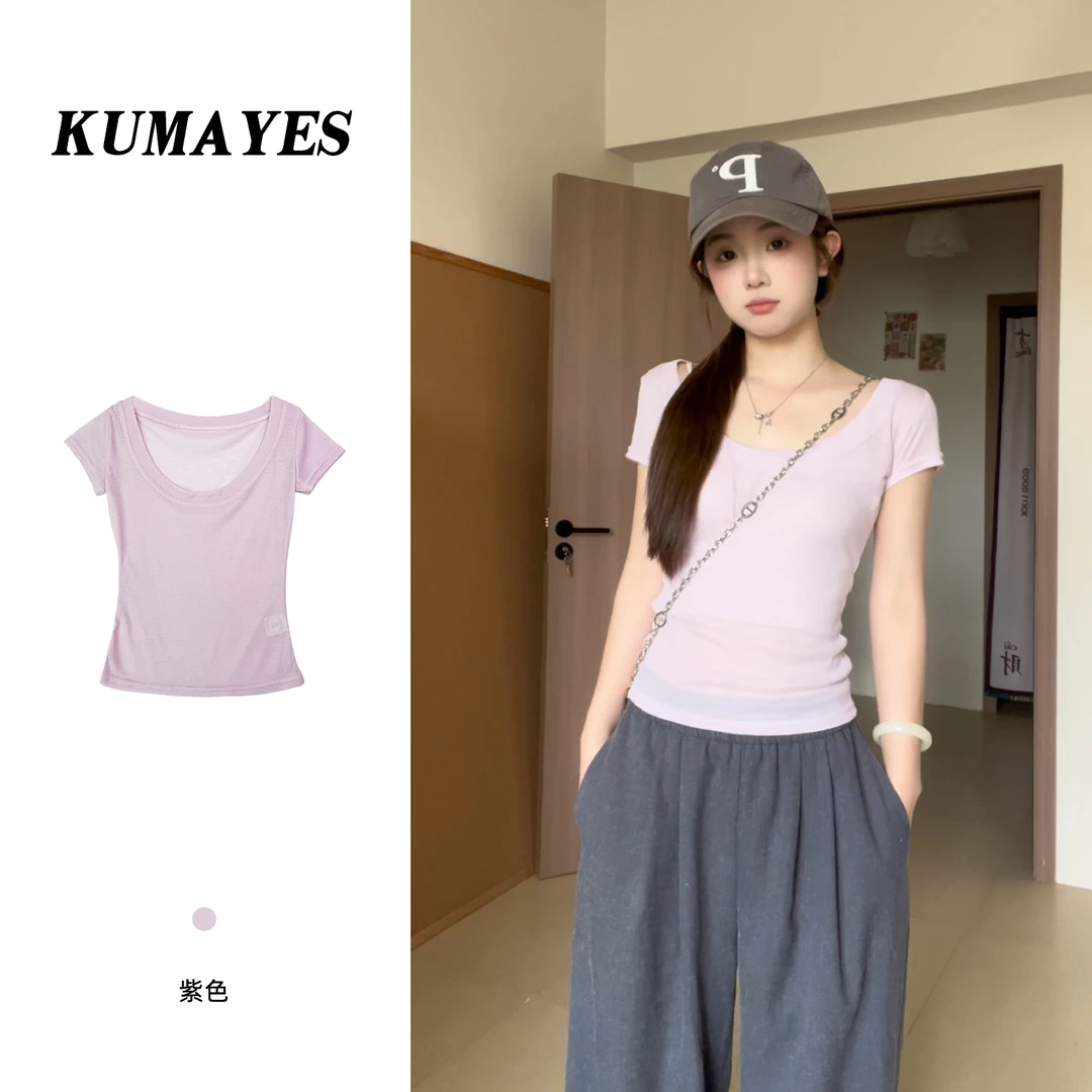 KUMAYES少女感正肩短袖t恤女夏季修身收腰显瘦小个子短款上衣