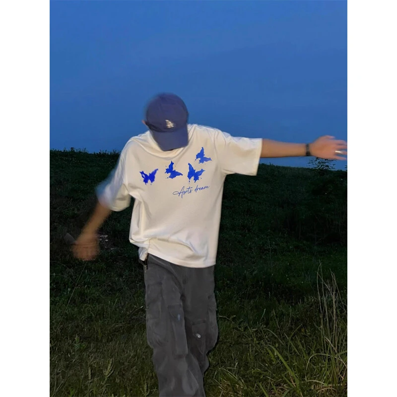 蝴蝶字母印花短袖T恤男夏季280g重磅美式潮牌设计感痞帅半袖体恤