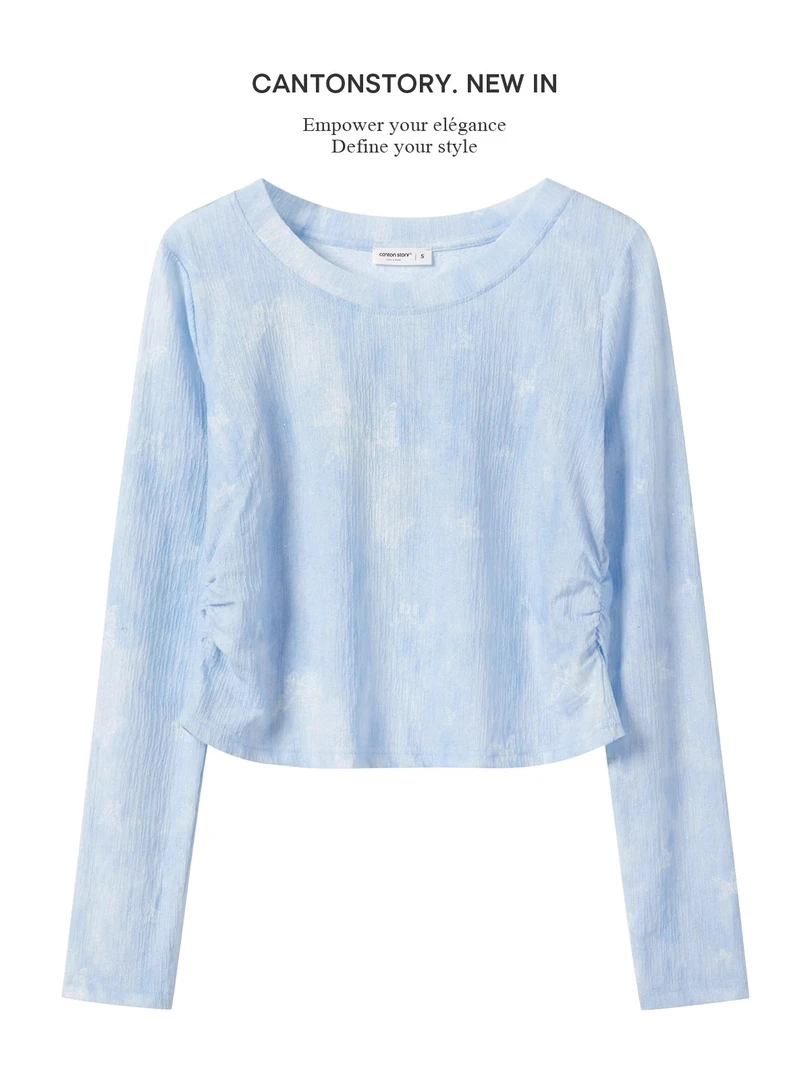 现现-晕染正肩长袖t恤女夏季新款修身显瘦百搭圆领上衣Y50449664