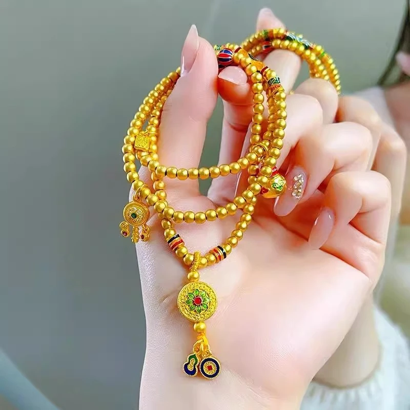 铜合金手链 黄金色烧蓝相花福禄聚三圈手链新中式古宋韵国潮项链