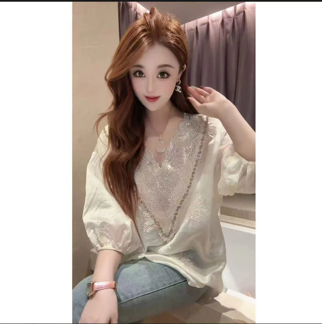 JY&JY橙子大大【眸中清雾】重工钉珠国风绣花V领衬衫上衣 15718