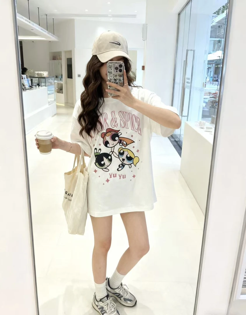 【甜美组合】卡通动画人物印花短袖T恤女新款春夏纯棉重磅上衣