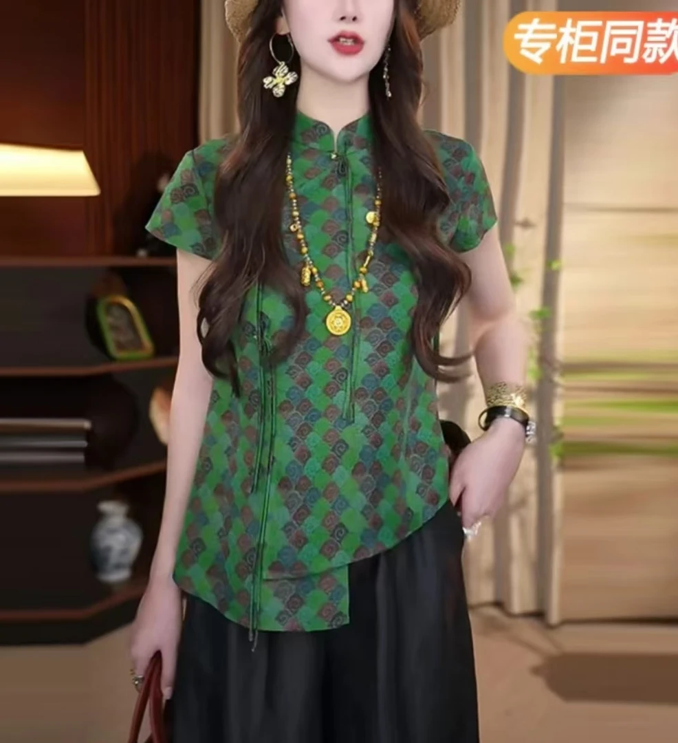 【605】国风立领宽松上衣气质斜襟提花拼接短袖新中式