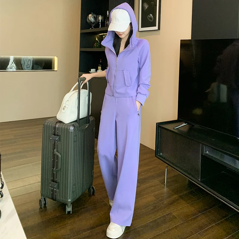 穿搭一整套2025秋冬新款今年流行紫色大码宽松连帽卫衣两件套女