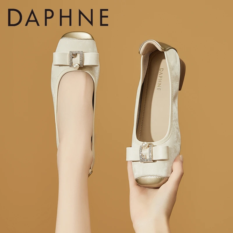 达芙妮3-5cm粗跟高跟鞋女2025新款春秋季法式蝴蝶结舒适方头单鞋