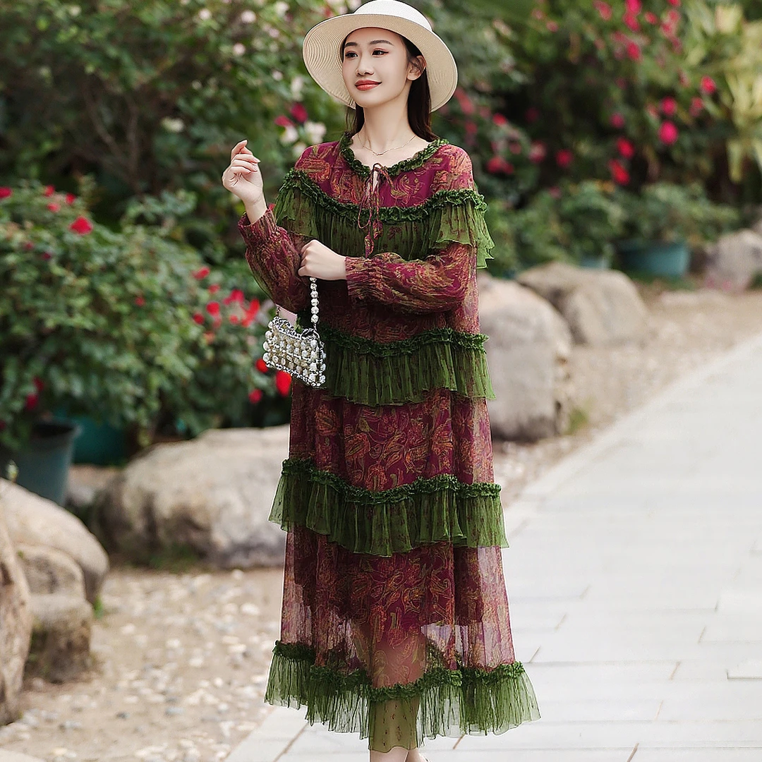 拜占庭的森林印花简约百搭显瘦女士透气宽松气质桑蚕丝蛋糕连衣裙
