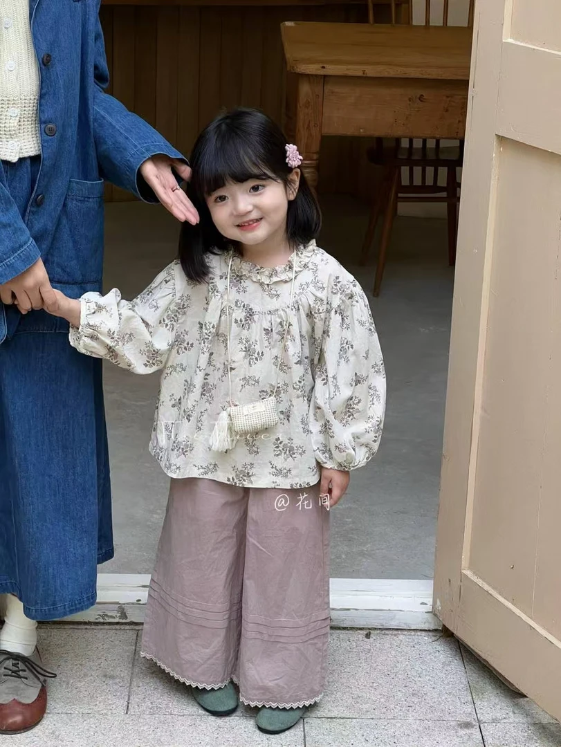 女童套装春春装2025新款洋气春装宝宝碎花衬衫儿童装阔腿裤两件套