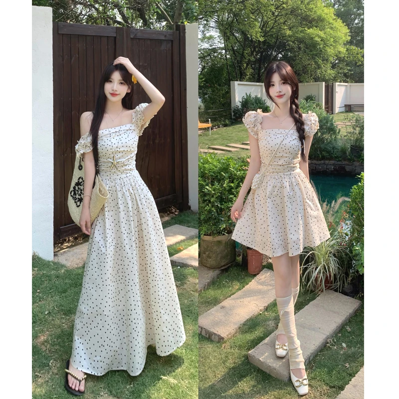 大码夏季新款法式小众设计感小飞袖波点连衣裙夏女高腰显瘦长裙仙
