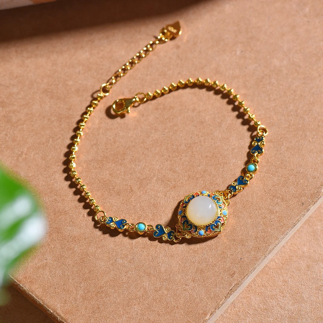 S925银镶嵌天然和田玉手链新中式多宝珐琅手链可调节长短8278