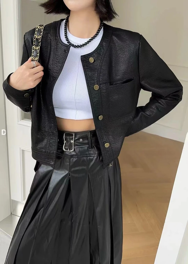 凤尾裙同款 经典款复古蛋白皮棒球衣外套