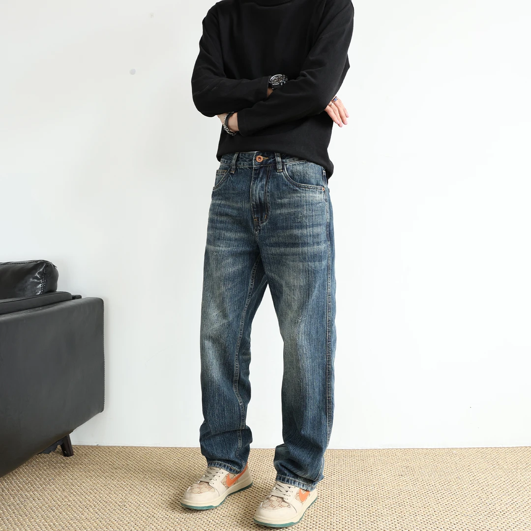 男士复古直筒牛仔裤2025秋冬美式休闲百搭水洗纹理感蓝色宽松长裤