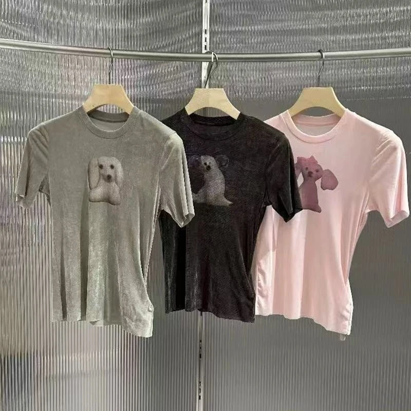 【Y2103】春新品轻奢风小众设计师款修身时尚植绒卡通印花短袖T恤女