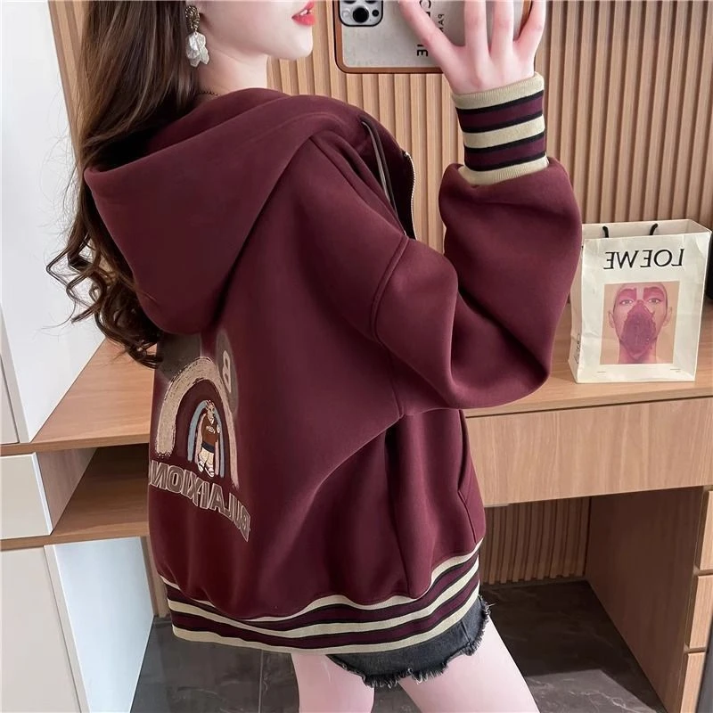 纯棉连帽棒球服外套女春秋2025韩版新款宽松大码短款开衫连帽卫衣