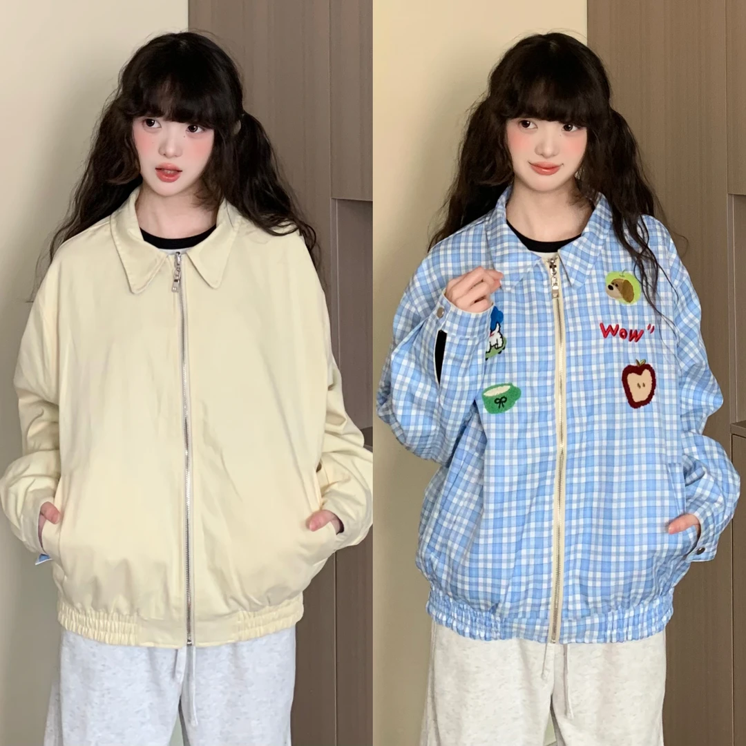 EZEK美式复古春季新款2025小狗刺绣两面穿外套宽松蓝色格子小众潮