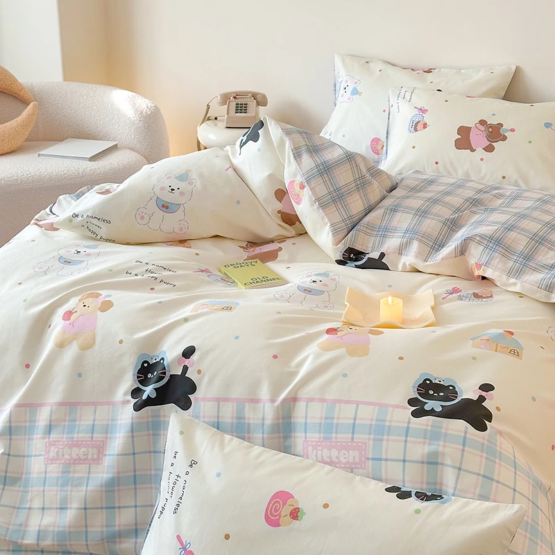 猫咪日记卡通小清新全棉印花四件套纯棉学生宿舍床单三件套