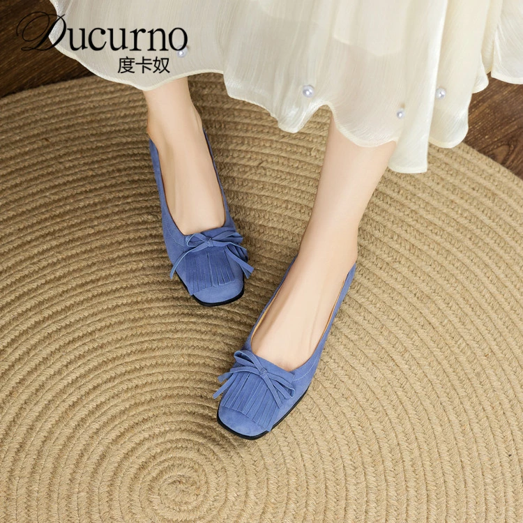 DUCURNO蝴蝶结流苏平底豆豆鞋女2025新款百搭软底方头单鞋四季鞋