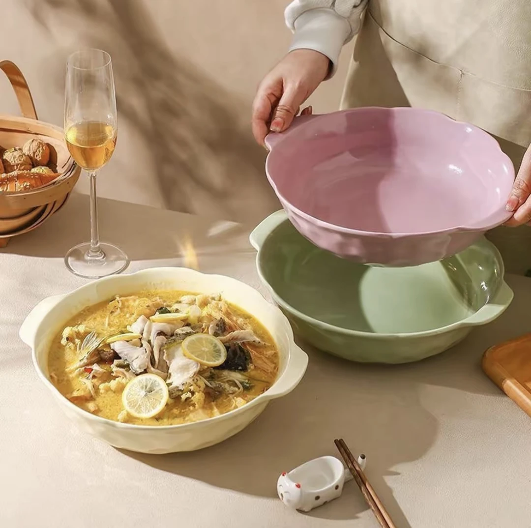酸菜鱼大盆碗家用新款大号双耳陶瓷汤盆纯色耐热小清新