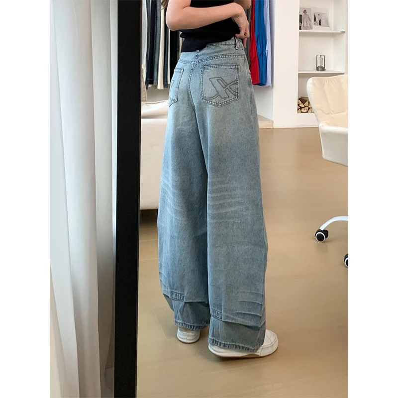 美式复古水洗做旧低腰牛仔裤女秋季新款设计感休闲宽松阔腿弯刀裤