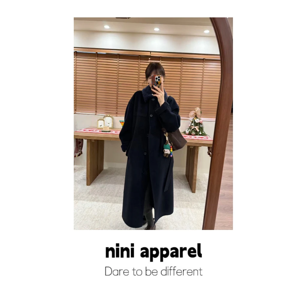 NiNi:高定羊毛领超软糯大牌绵羊毛藏蓝色腰带大衣～