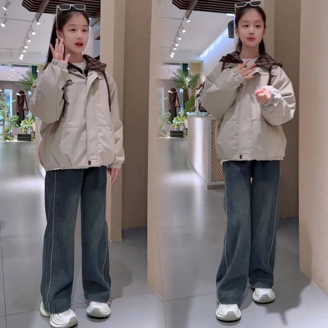 女童秋冬新款潮酷连帽假两件夹棉外套加绒牛仔裤套装2025中大童