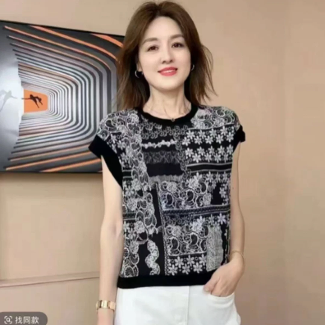 女士夏季薄款蕾丝花无袖设计显瘦百搭短袖小鹿