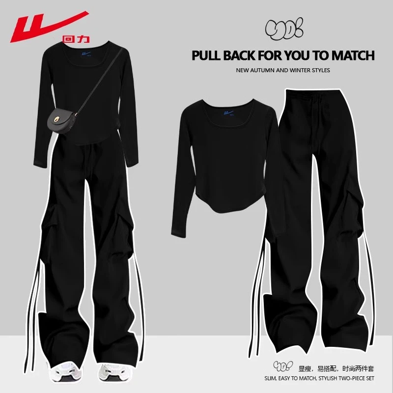 回力休闲运动长袖T恤长裤套装女春秋冬新款纯棉工装裤2025两件套