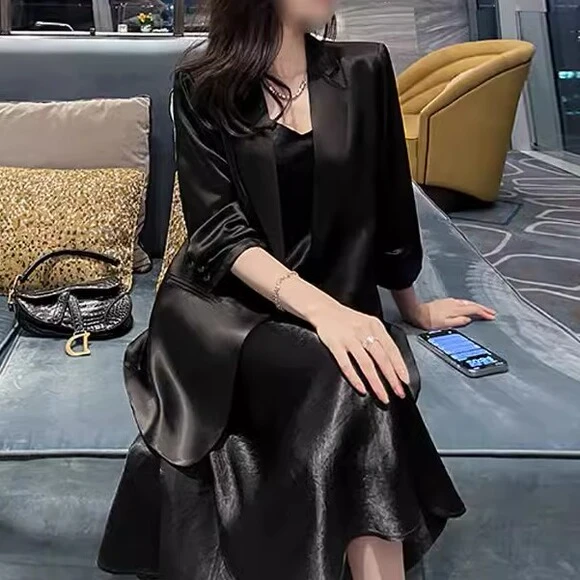 大码仿醋酸西装外套春夏胖mm七分袖薄款小西服吊带长裙子两件套装