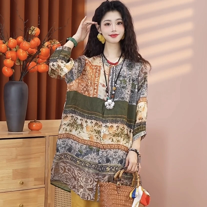 【“欧洛花语”乔一推荐】2025新款气质减龄苎麻中长款女上衣26134