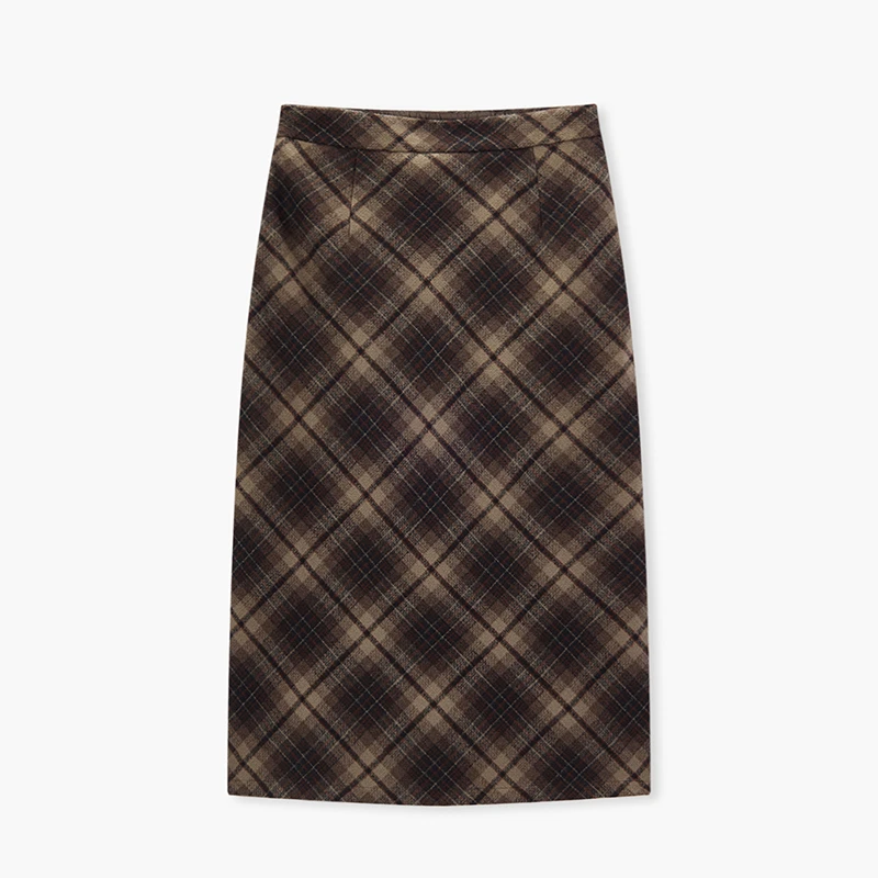 复古高腰显瘦格纹毛呢半身裙秋冬中长款A字包臀裙