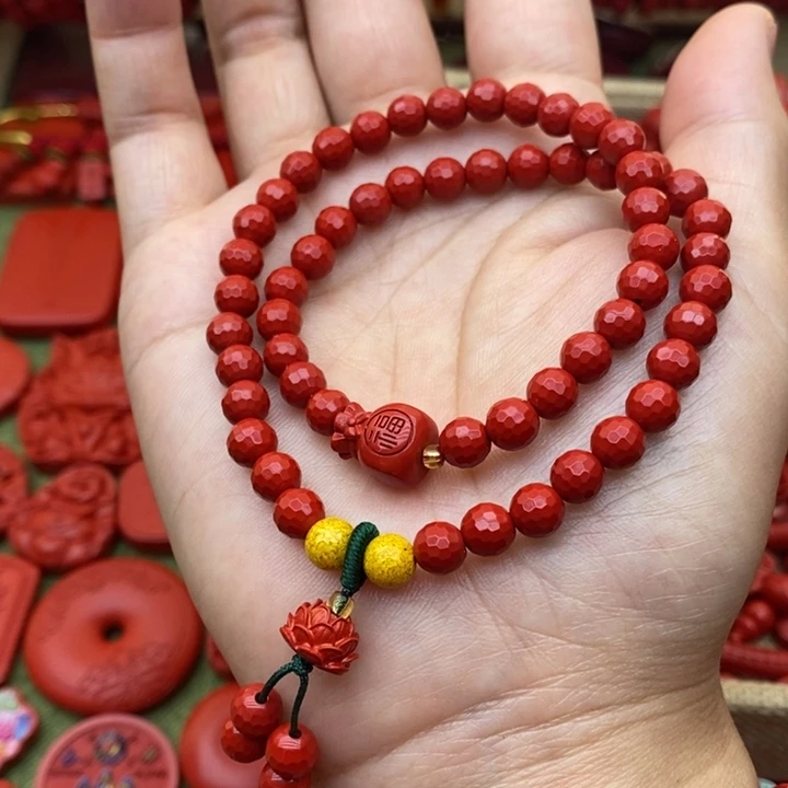 天然辰砂切面珠双圈手串