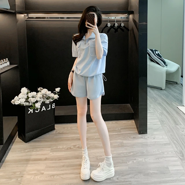 拉链翻领短袖运动套装女夏季设计感小众休闲宽松三分短裤俩件套潮