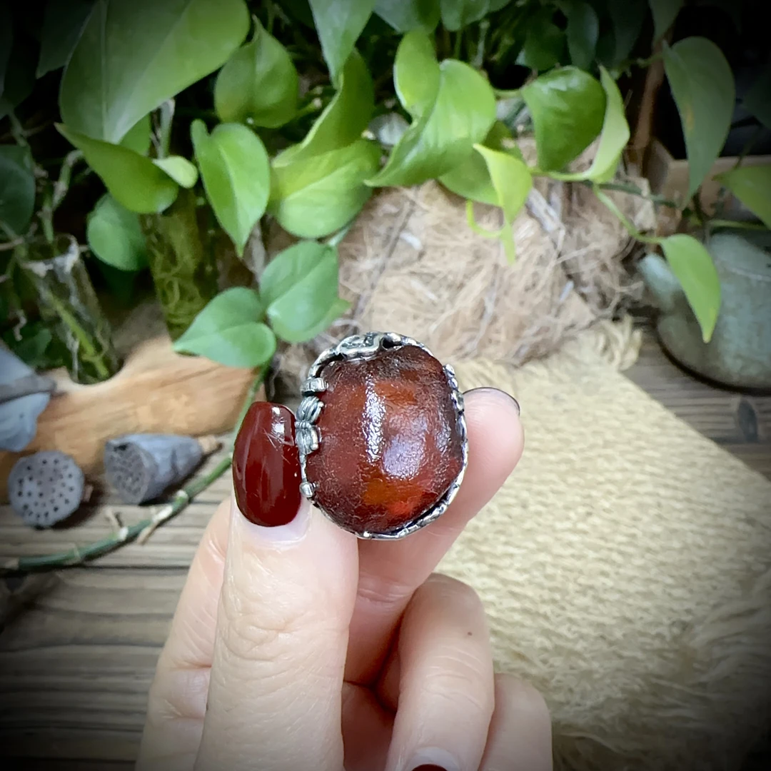 【古香古色】复古s925银蜜蜡琥珀戒指（圈口可调节）