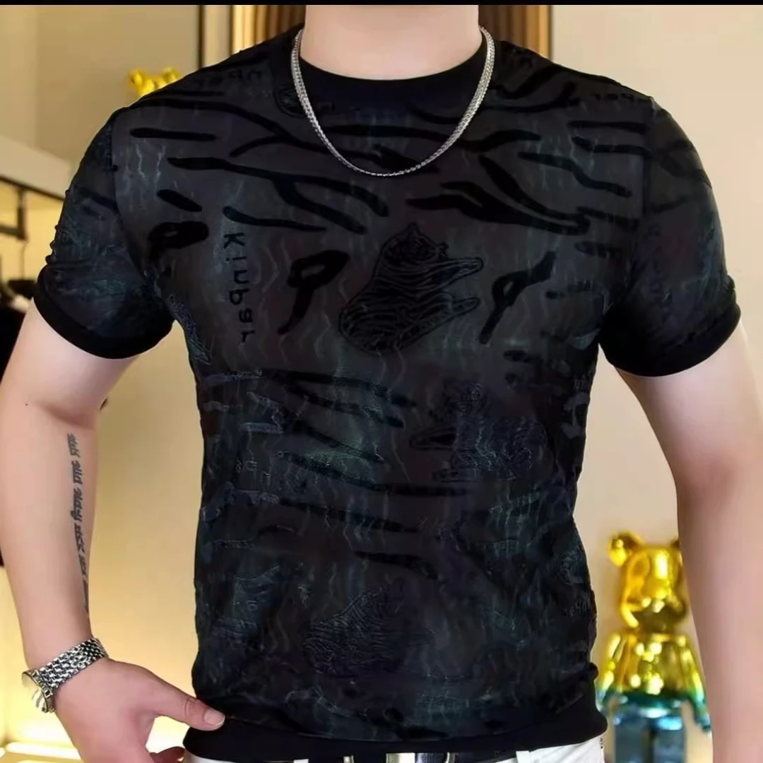 吉伦略索欧货夏季时尚男士短袖T恤冰丝修身弹力植绒烧花百搭圆领T