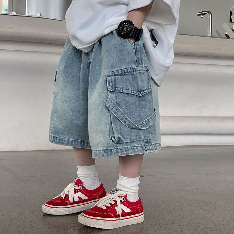 儿童牛仔短裤2025男孩帅气浅蓝色工装五分裤外穿男童牛仔短裤百搭