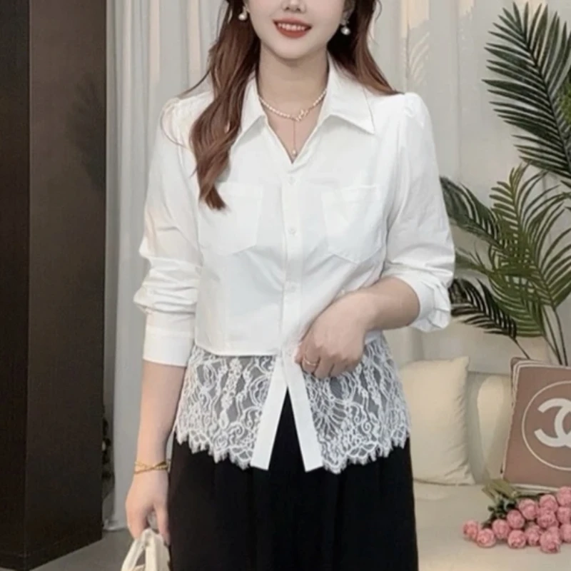 设计感蕾丝拼接白色衬衫女士春秋2025新款春季短款长袖衬衣女上衣
