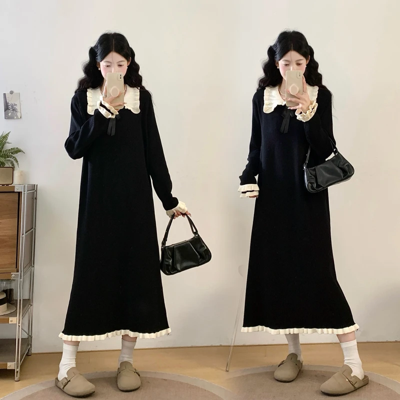 甜美减龄娃娃领针织连衣裙女2025新款冬季大码胖mm中长款毛衣裙子