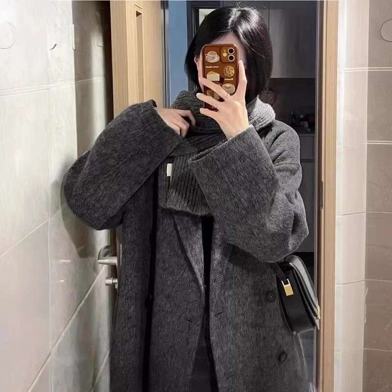 深灰色高级感双面呢子大衣女中长款2024新款冬季韩系加厚毛呢外套