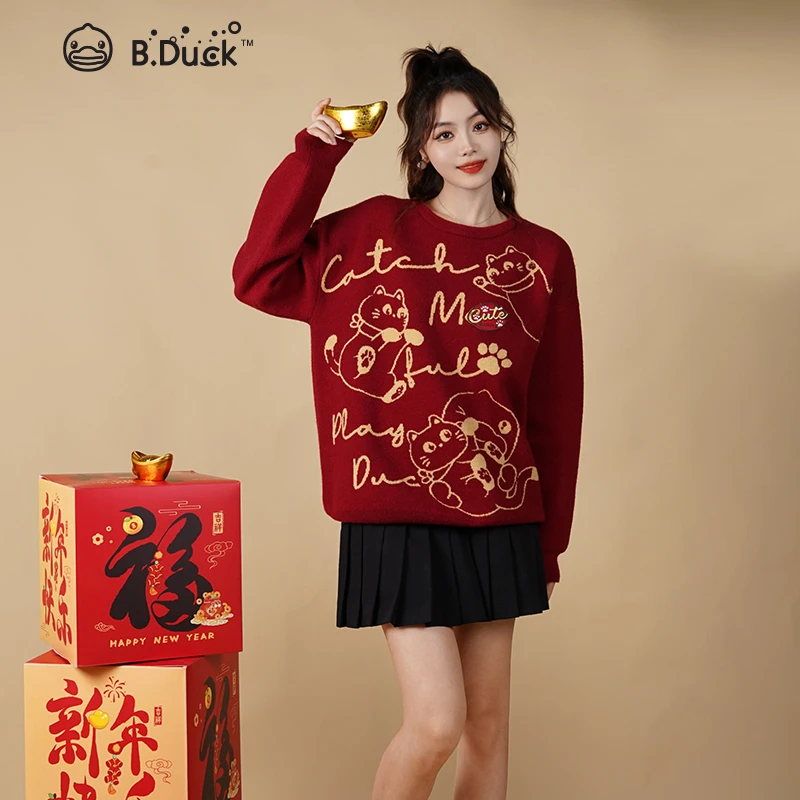 【新年战袍】B.Duck小黄鸭2025年本命年红毛衣冬季百搭圆领慵懒毛衫