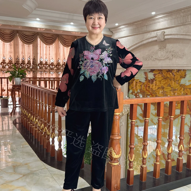 英姐大码妈妈装春季新款丝绒套装中老年女装加肥加大两件套2056