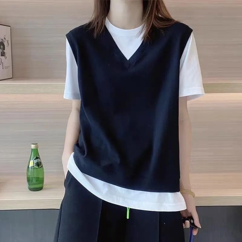 假两件设计感小众短袖恤女宽松拼色上衣欧洲站夏季2025睡衣