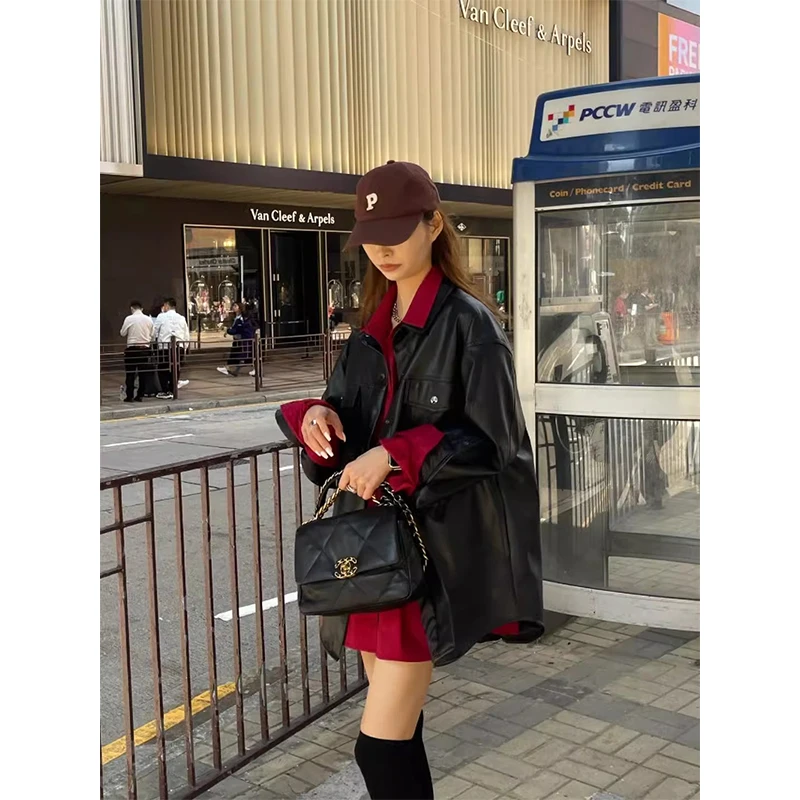 新年红春季新款宽松翻领红衬衣+PU皮衣外套高级感两件套时尚女装